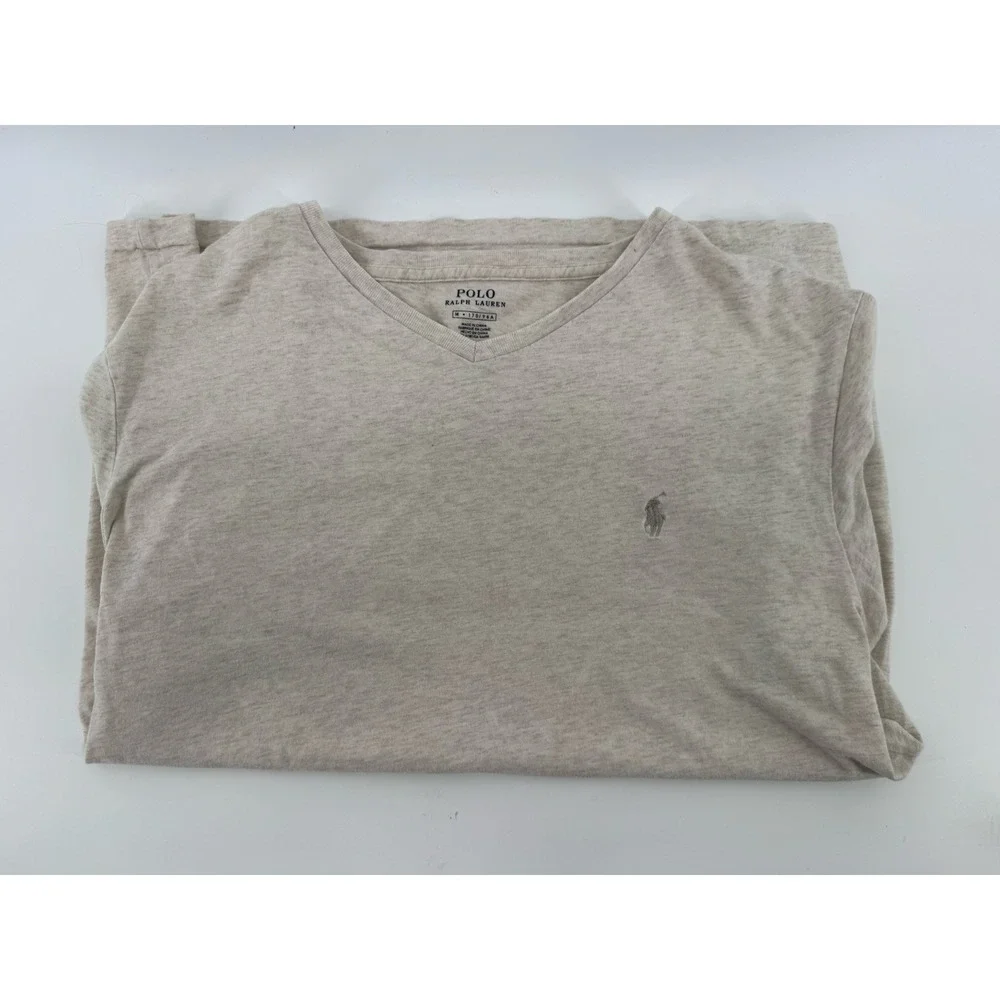 Polo Ralph Lauren Shirt Men M Beige V Neck Short Sleeve Preppy Pony Logo‎